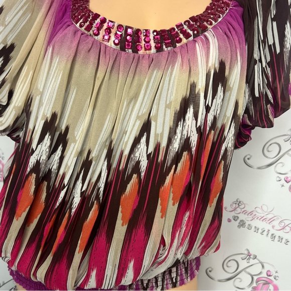 Bebe 100% silk top bling Jewel π rhinestone neckline boho ombrΓ© pattern bubble - Picture 12 of 16